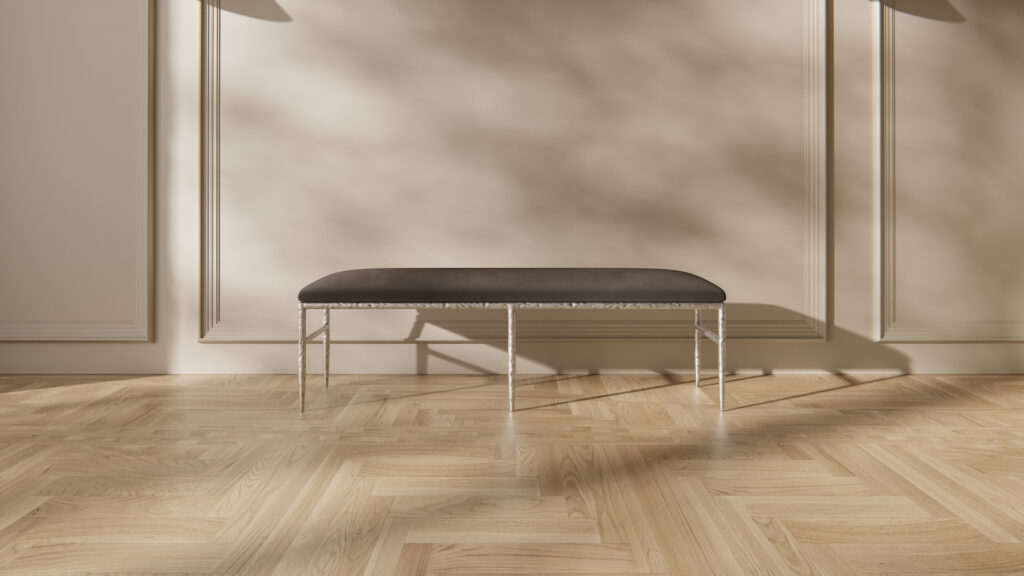 Scene REGIS BENCH View FABRIC Graphite Vintage Velvet FRAME Silver
